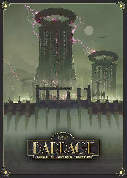 Futuristic cityscape with tall buildings and glowing rings over water by a dam, inspired by Barrage.