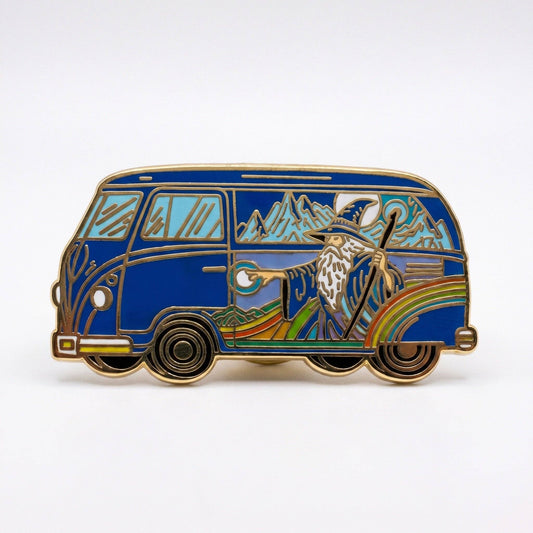 Wizard Van pin: blue van with rainbow, wizard with staff, and gold plating.