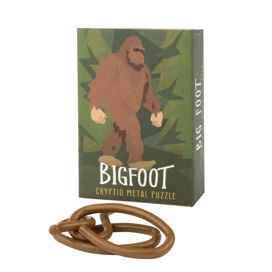 Cryptid Puzzlebox metal brainteaser featuring a Bigfoot illustration.