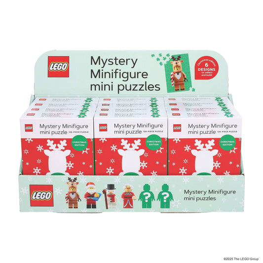 LEGO Mystery Minifigure Mini Puzzle Christmas Edition featuring six different festive mini puzzle box designs.