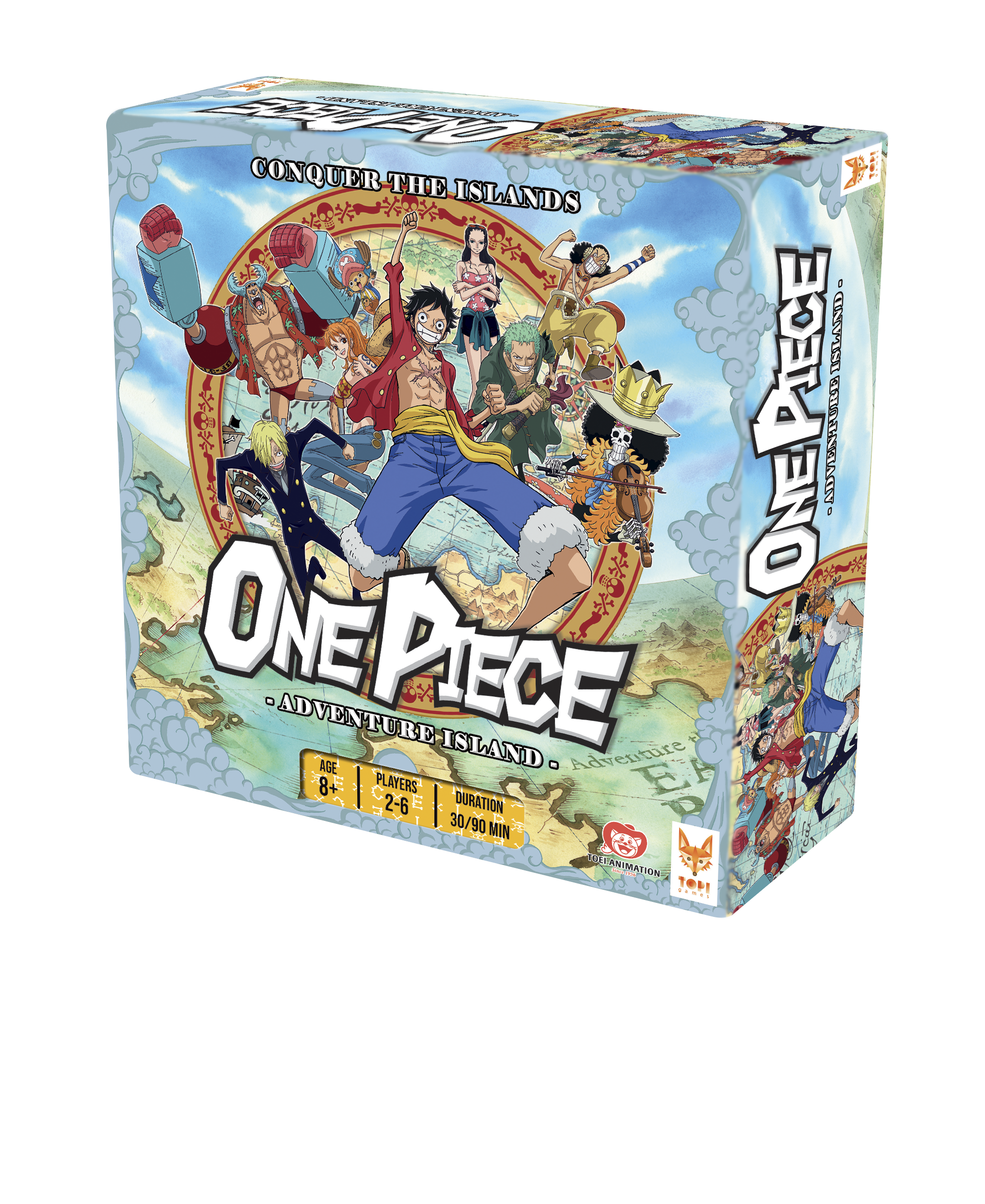 One Piece: Adventure Island board game box featuring characters and a world map.