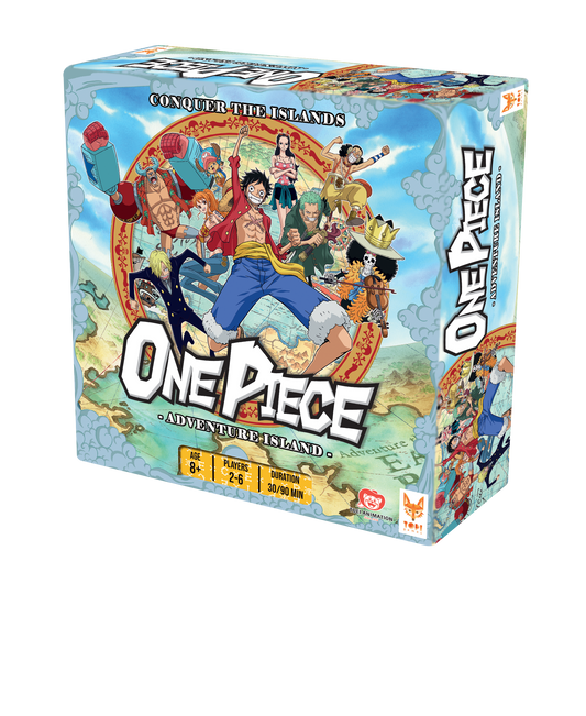 One Piece: Adventure Island board game box featuring characters and a world map.