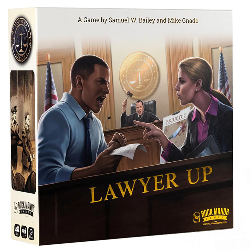 Lawyer Up courtroom card game featuring two lawyers as the main theme.