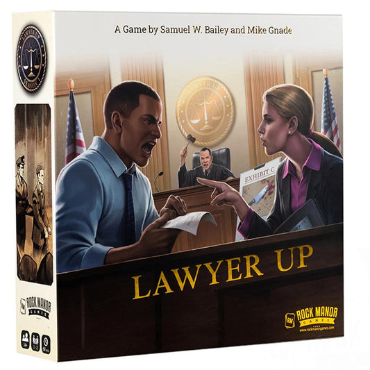 Lawyer Up courtroom card game featuring two lawyers as the main theme.