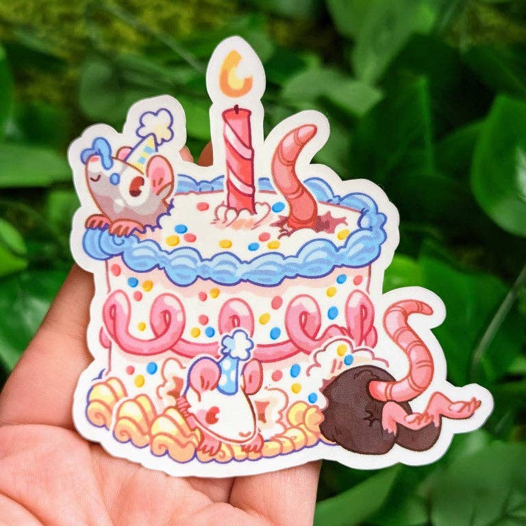 Rat Party Stickers featuring mice in party hats inside a birthday cake with pink worms, held in a hand.
