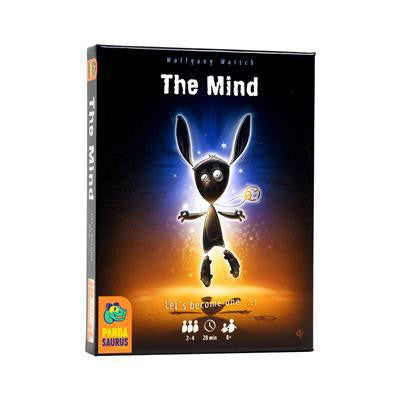 The Mind card game box featuring a cartoon rabbit and Pandasaurus logo on a dark background.