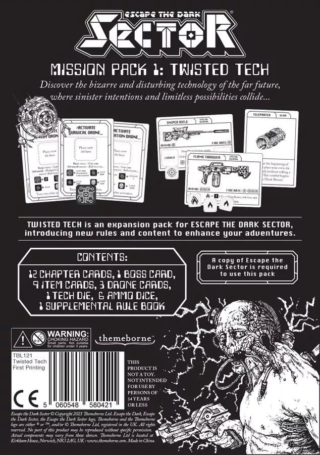 Mission Pack 1: Twisted Tech Expansion box and game cards for Escape the Dark Sector, black-and-white sci-fi themed.