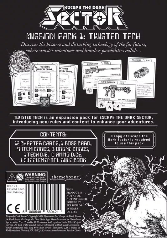 Mission Pack 1: Twisted Tech Expansion box and game cards for Escape the Dark Sector, black-and-white sci-fi themed.
