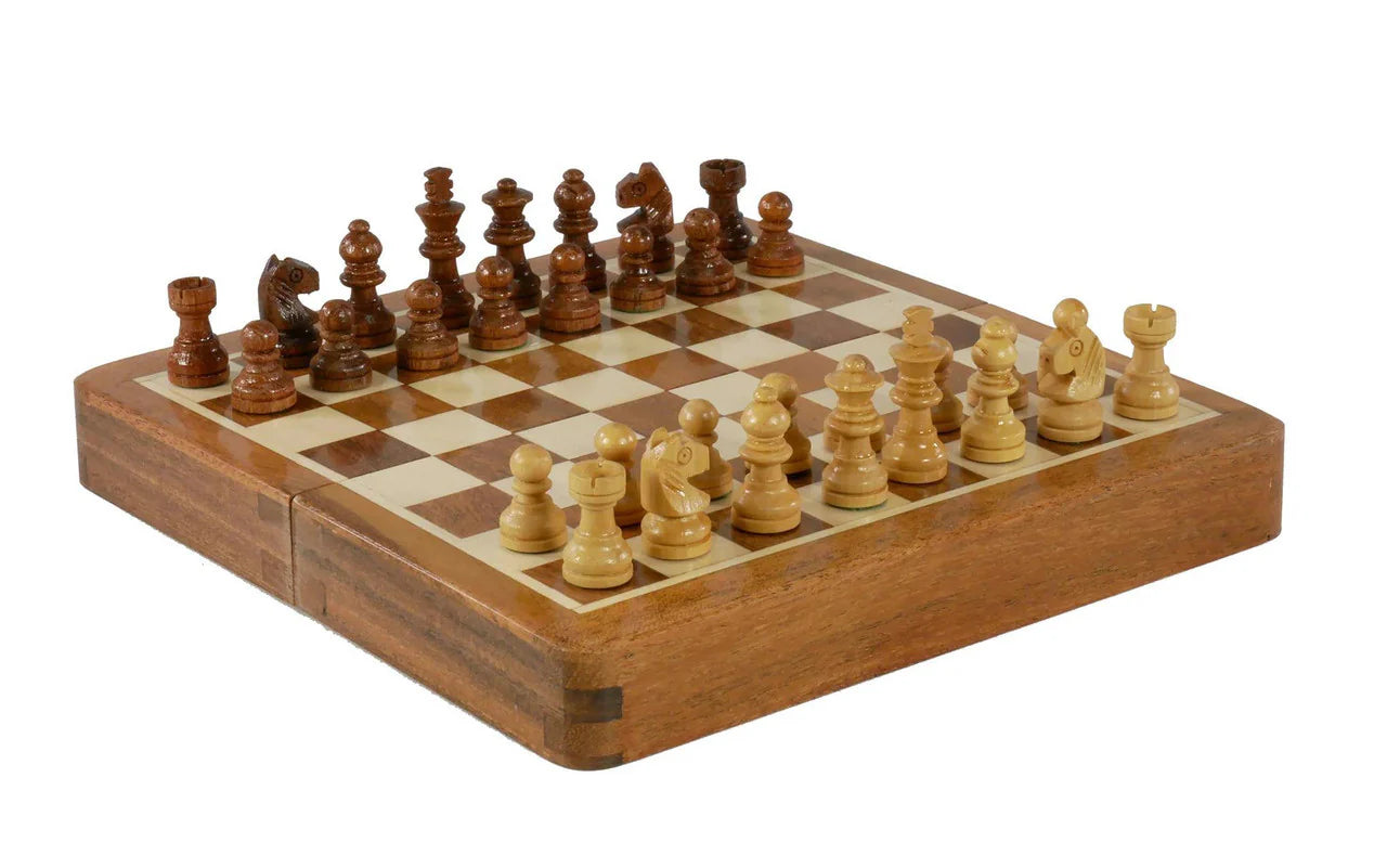 7 Travel Chess Set with all pieces arranged in starting positions.