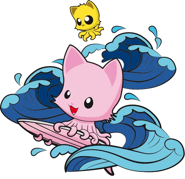 Tentacle Kitty Dice Set with a pink Tentacle Kitty figure and a yellow kitty above the clear dice.