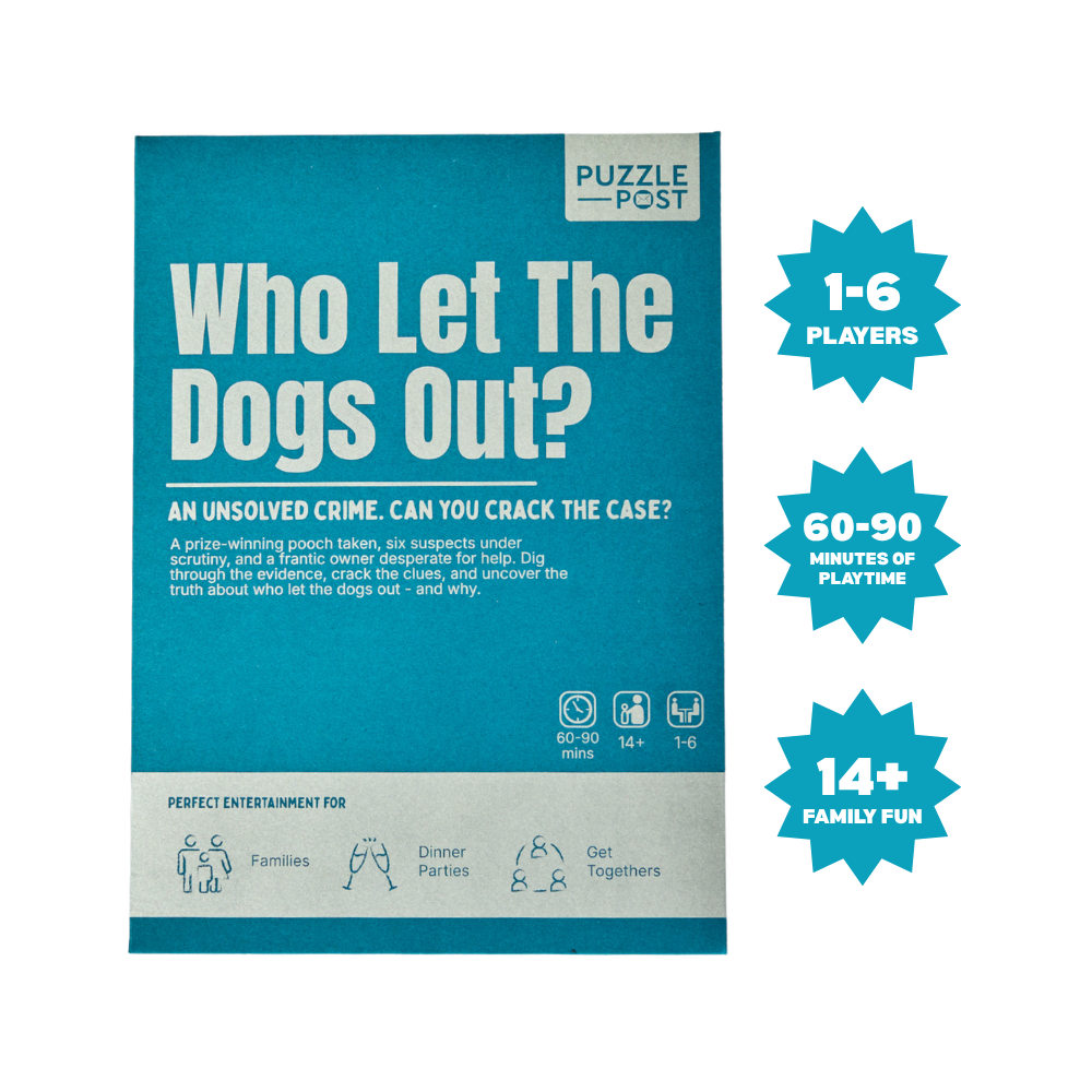 Blue game box for Cold Case: Who Let The Dogs Out? dog detective game with text on colorful starbursts.