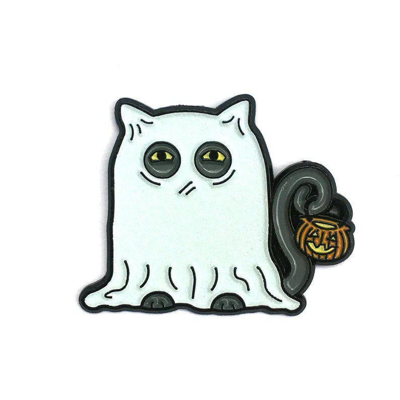 Kolorspun Pins Spooky Halloween Kitty Enamel Pin featuring a ghost cat holding a pumpkin basket.