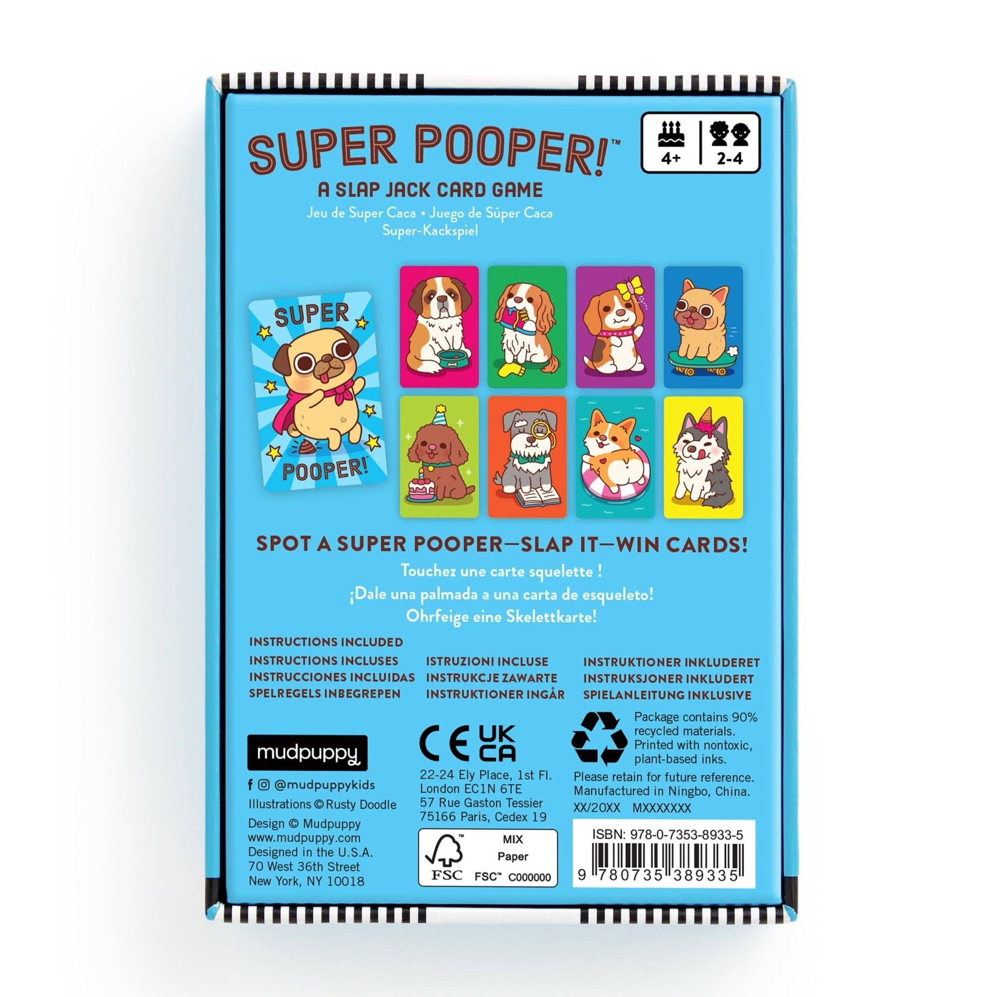 Super Pooper Card Game box showing cartoon dogs and colorful cards, for 2–4 players ages 4 and up.