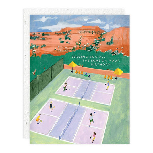 Plantable seed paper with Serving love on your birthday and illustration of people playing pickleball on two courts.