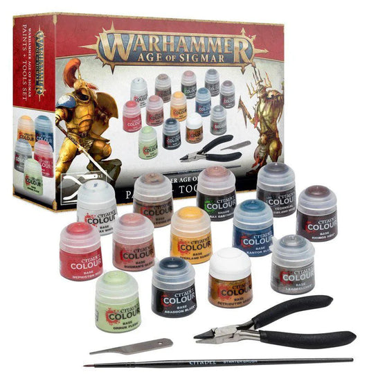 Age of Sigmar Paints + Tools kit with paints, brush, cutters, and tool arranged in front of the box.