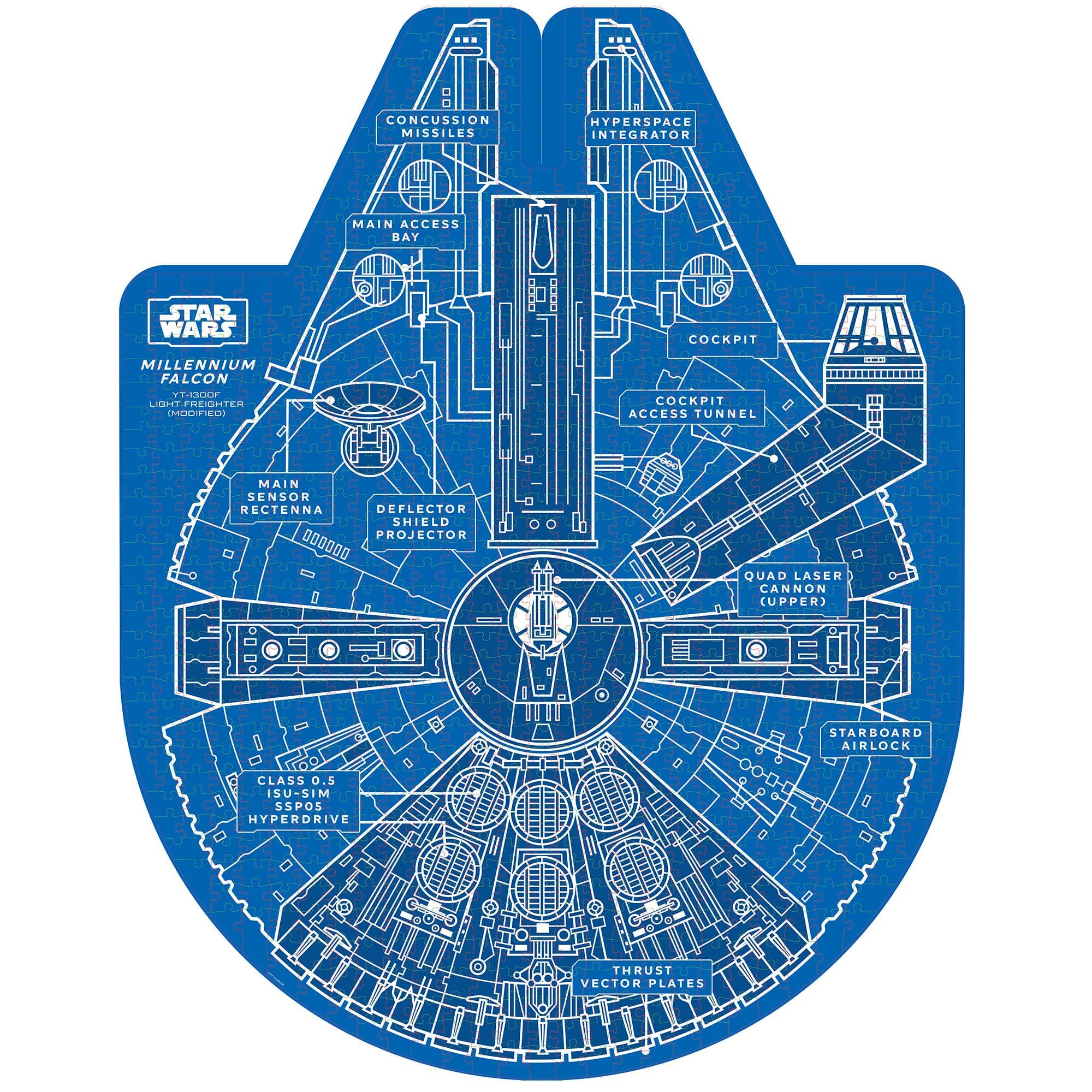 Blueprint-style Star Wars Millennium Falcon jigsaw puzzle and trivia set.