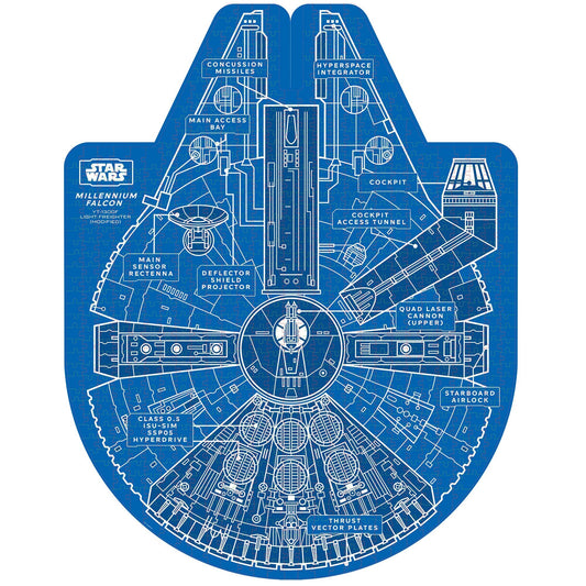 Blueprint-style Star Wars Millennium Falcon jigsaw puzzle and trivia set.