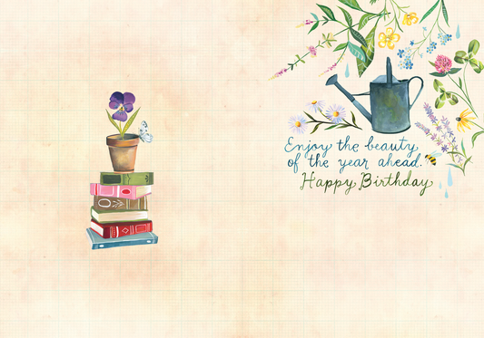 Garden & Library Birthday Card with books, potted flower, butterfly, and birthday greeting on recycled paper.