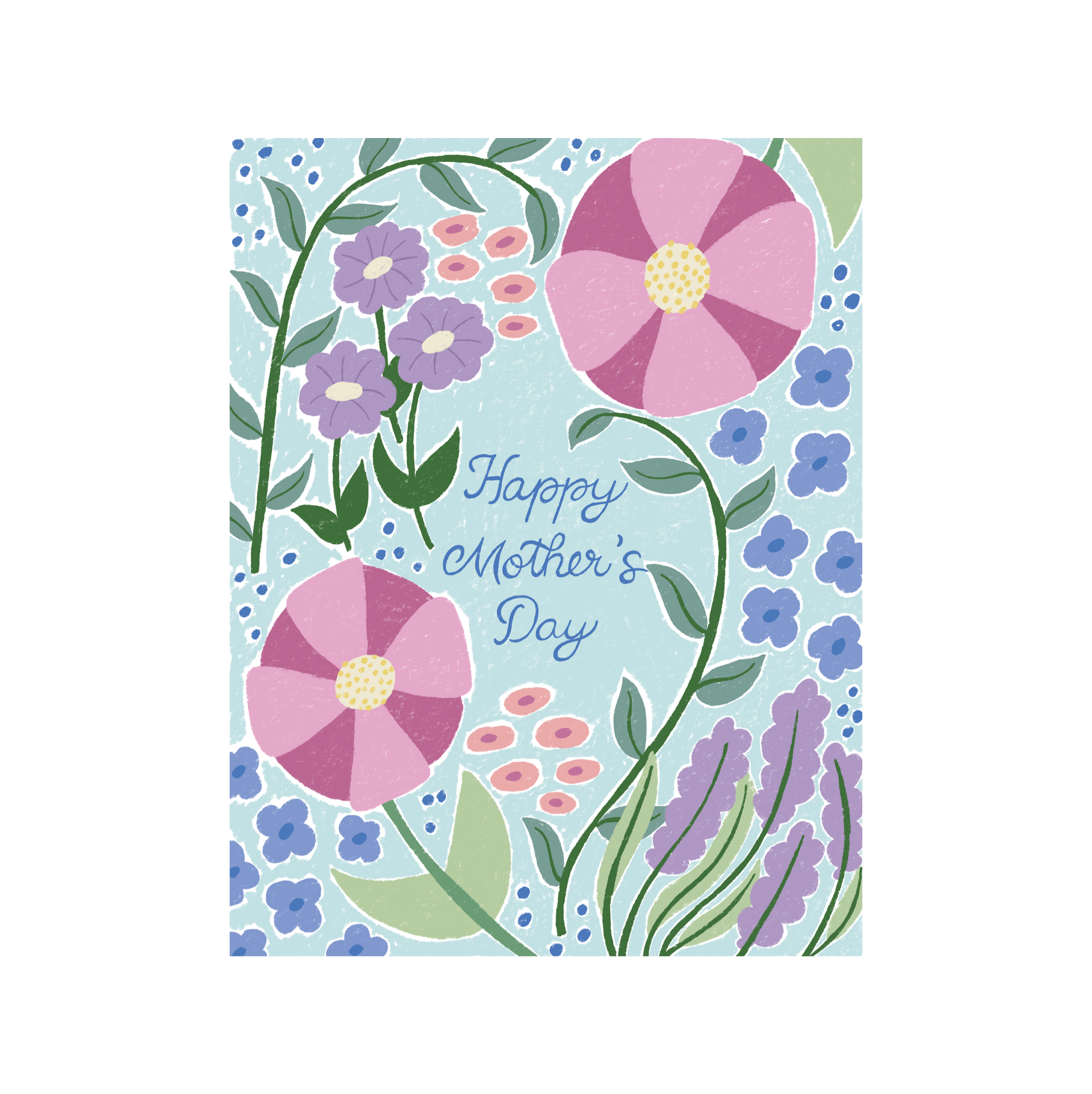 Large Flowers Mothers Day Greeting Card with hand-drawn pink, purple, and blue flowers and a central greeting.