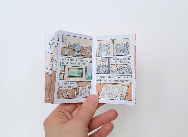 The Chinchillustrator - Mini-Comic Zine featuring cartoon cats discussing hard work and overcoming artists block.