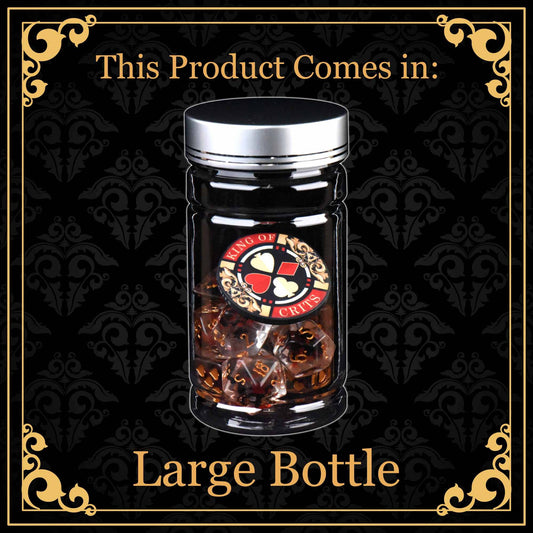 Dwarven Dynasty 11 dice set in a clear jar with silver lid; labeled This Product Comes in: Large Bottle.