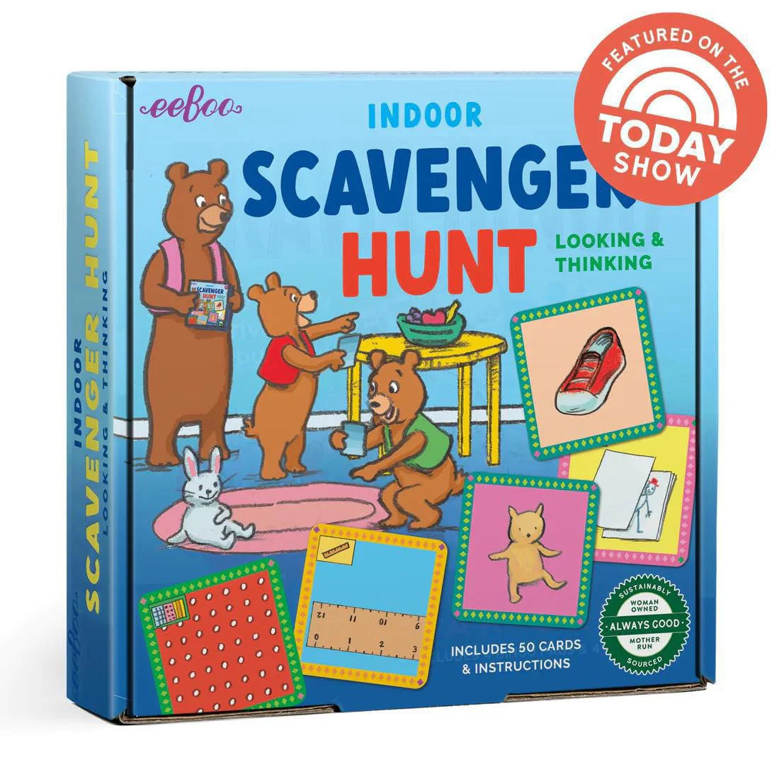 Indoor Scavenger Hunt game with illustrated bears, objects, and a Today Show badge on the packaging.