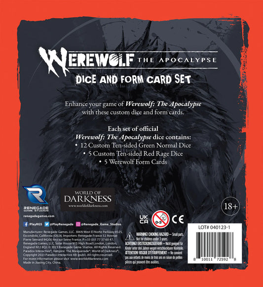Back cover of Werewolf The Apocalypse 5th Edition Dice and Form Card Set with custom dice and wolf-themed designs.