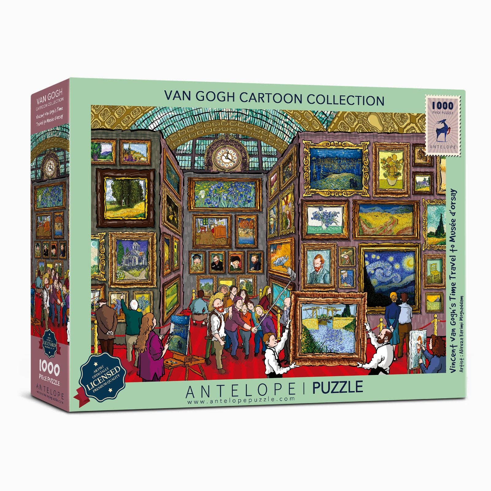 Vincent van Gogh’s Time Travel to Musée d’Orsay 1000 piece puzzle featuring people and dogs at a gallery.