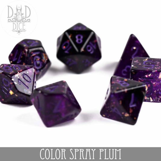 Color Spray Plum 7-dice set of purple resin dice with gold flecks.