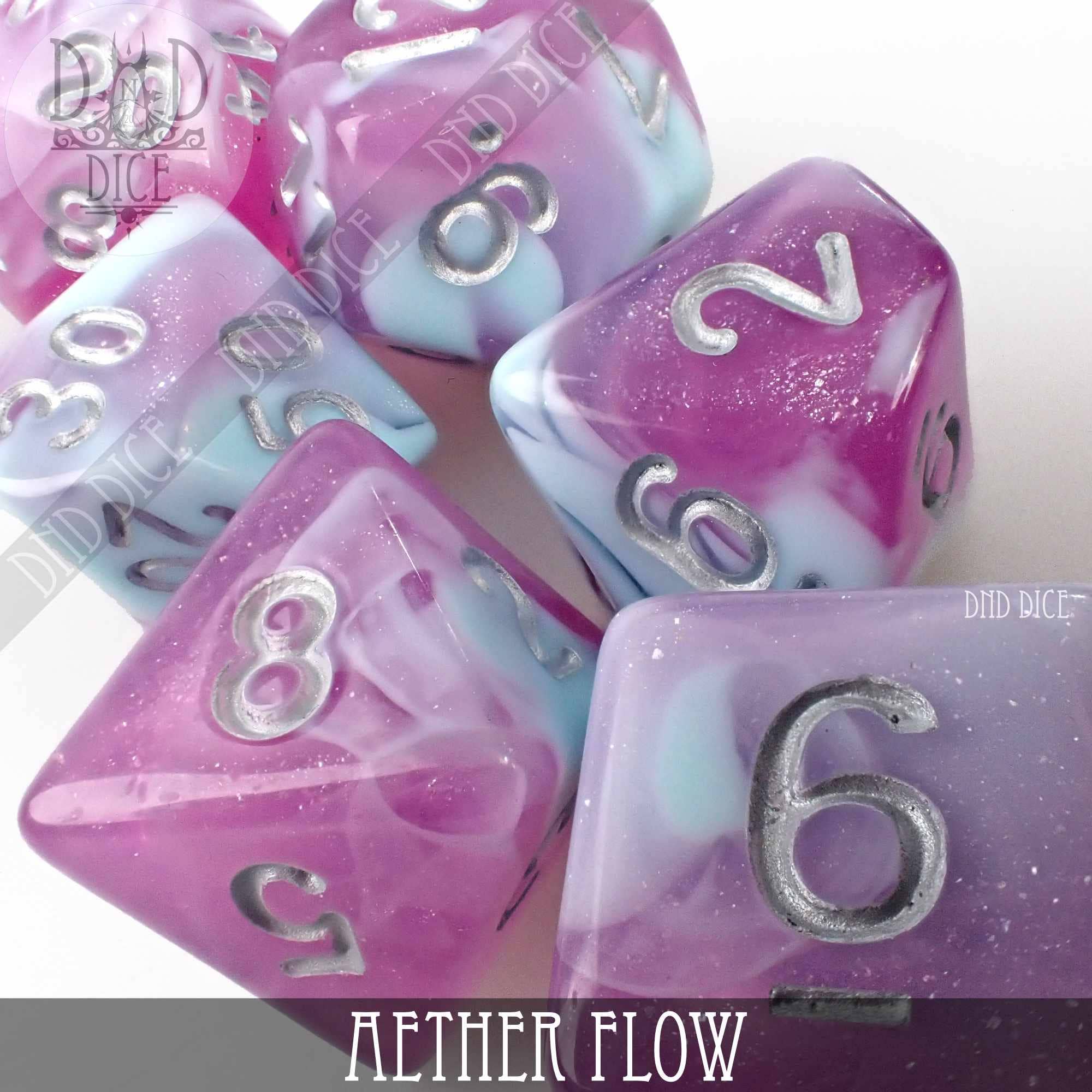 Aether Flow tabletop gaming dice set in purple, blue, and white marbled acrylic with silver numbers.