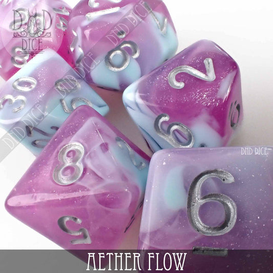 Aether Flow tabletop gaming dice set in purple, blue, and white marbled acrylic with silver numbers.