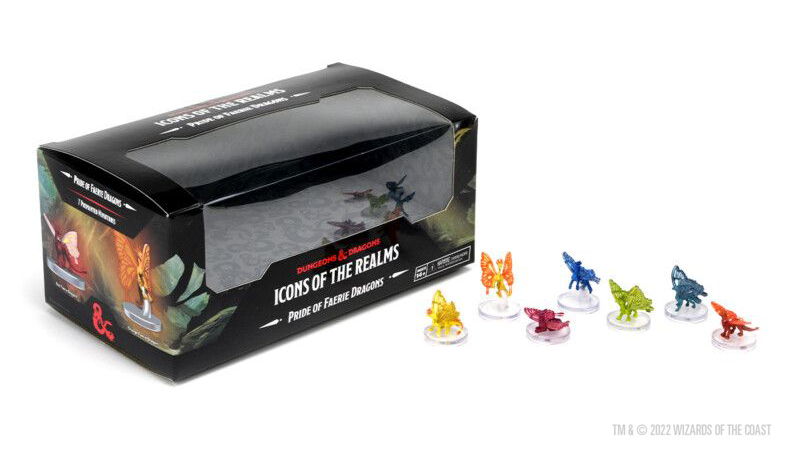 D&D Icons of the Realms Pride of Faerie Dragons Miniatures Set with seven faerie dragon figures.