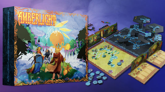 Amberlight Boardgame box with game setup, including tokens, cards, hex tiles, and fantasy-themed game board.