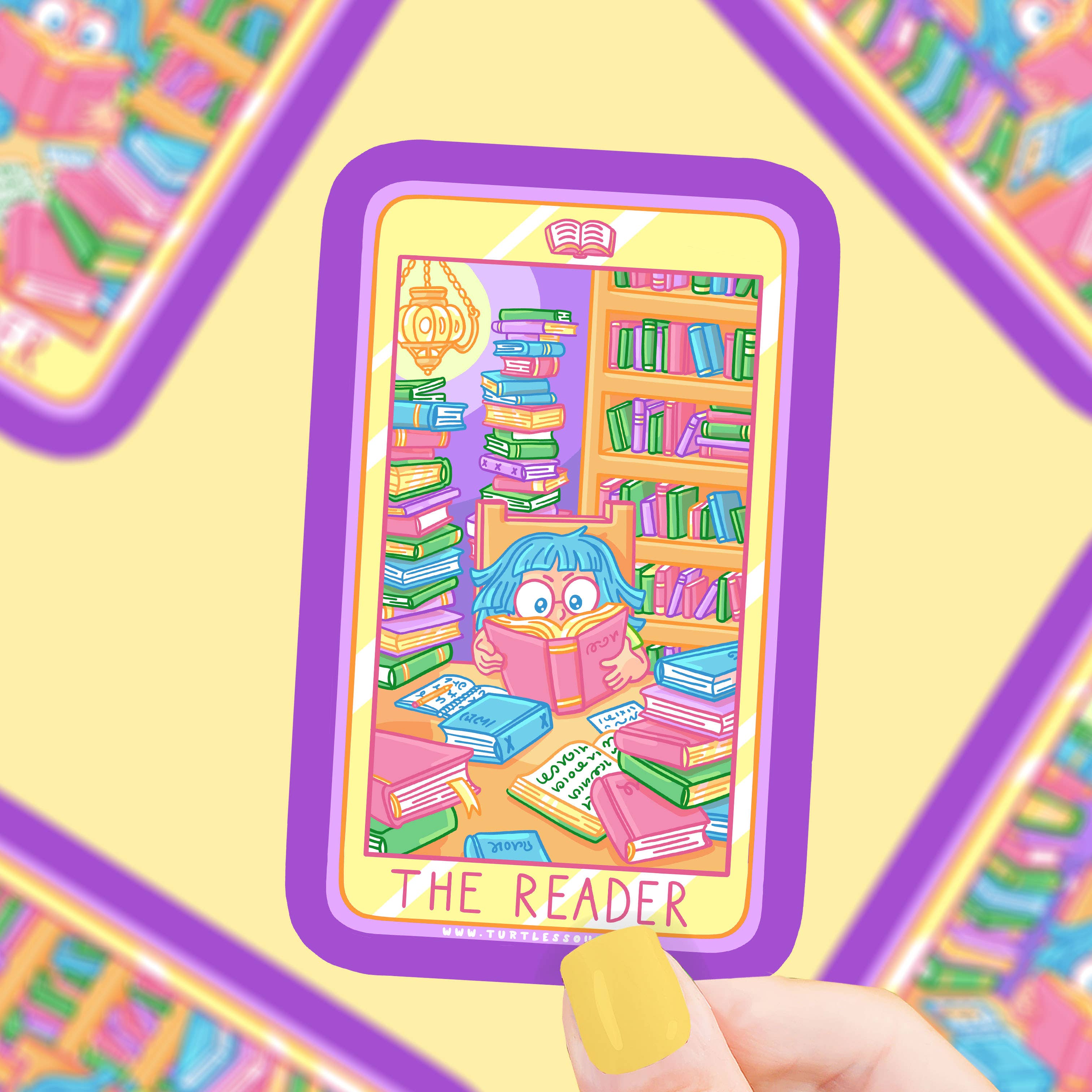 Library Reader Tarot Card Bookish Sticker featuring a blue-haired reader with books, made of eco-friendly vinyl.
