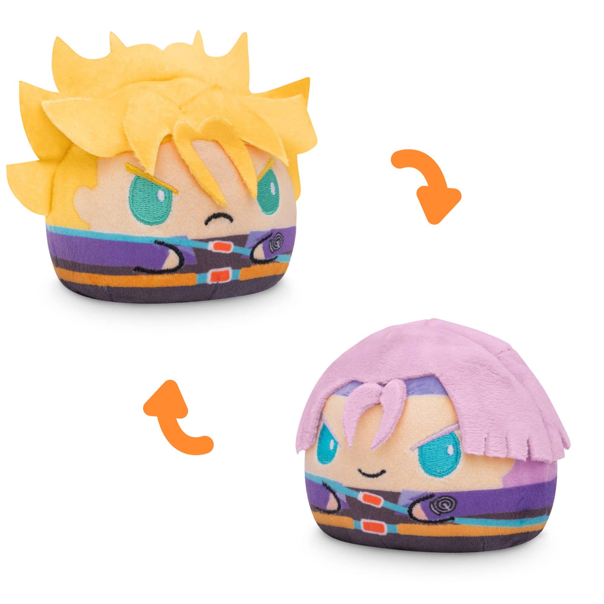 Dragon Ball Z reversible plushie: spiky-haired character transforms into a figure with purple hair and orange arrows.