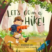 Lets Go for a Hike childrens book cover featuring a child and dog hiking in a forest.