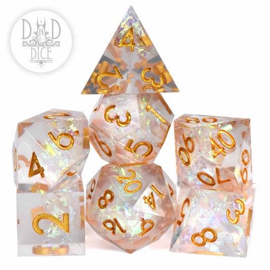 Purifying Light - Color Change handmade set of 7 iridescent resin dice with gold numbers, DnD Dice logo included.