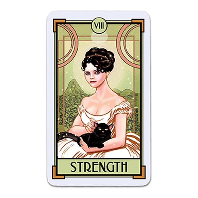 The Strength card from Christina Riccis Cat Full of Spiders Tarot Deck features a woman in white holding a black cat.