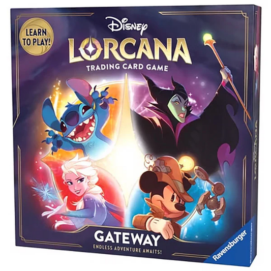 Disney Lorcana Gateway box displaying Stitch, Maleficent, Elsa, and Mickey Mouse.