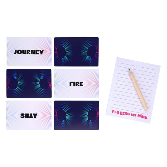 You Read My Mind game cards with JOURNEY, FIRE, SILLY, and a notepad labeled YOU READ MY MIND.