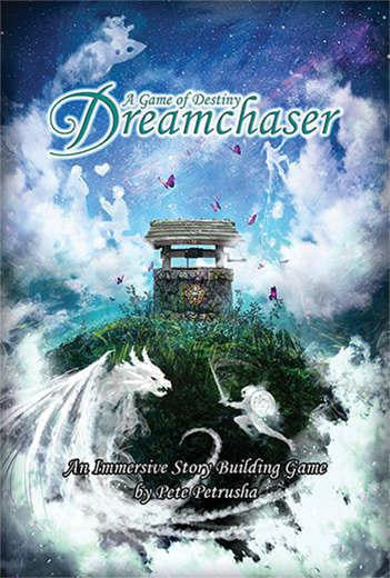 Dreamchaser: A Game of Destiny softcover book with cover art of a well, grassy hill, clouds, butterflies, and a white dragon.
