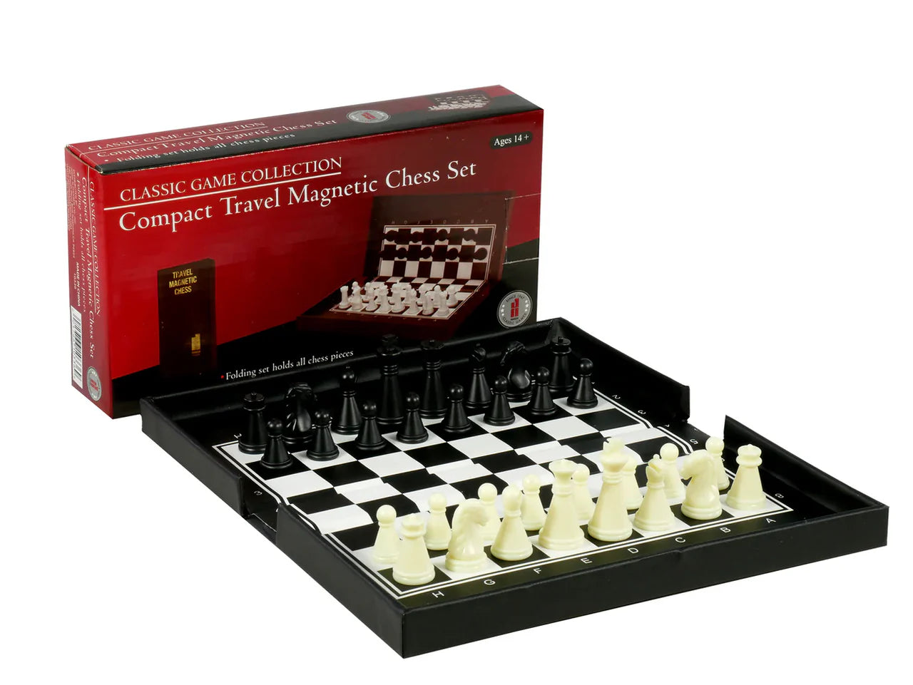 Pocket travel chess set with folding board and plastic pieces; box visible in the background.