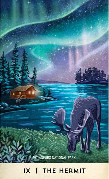 Tarot for the Great Outdoors: 78 Card Deck & Guidebook featuring a moose by a lake under northern lights.