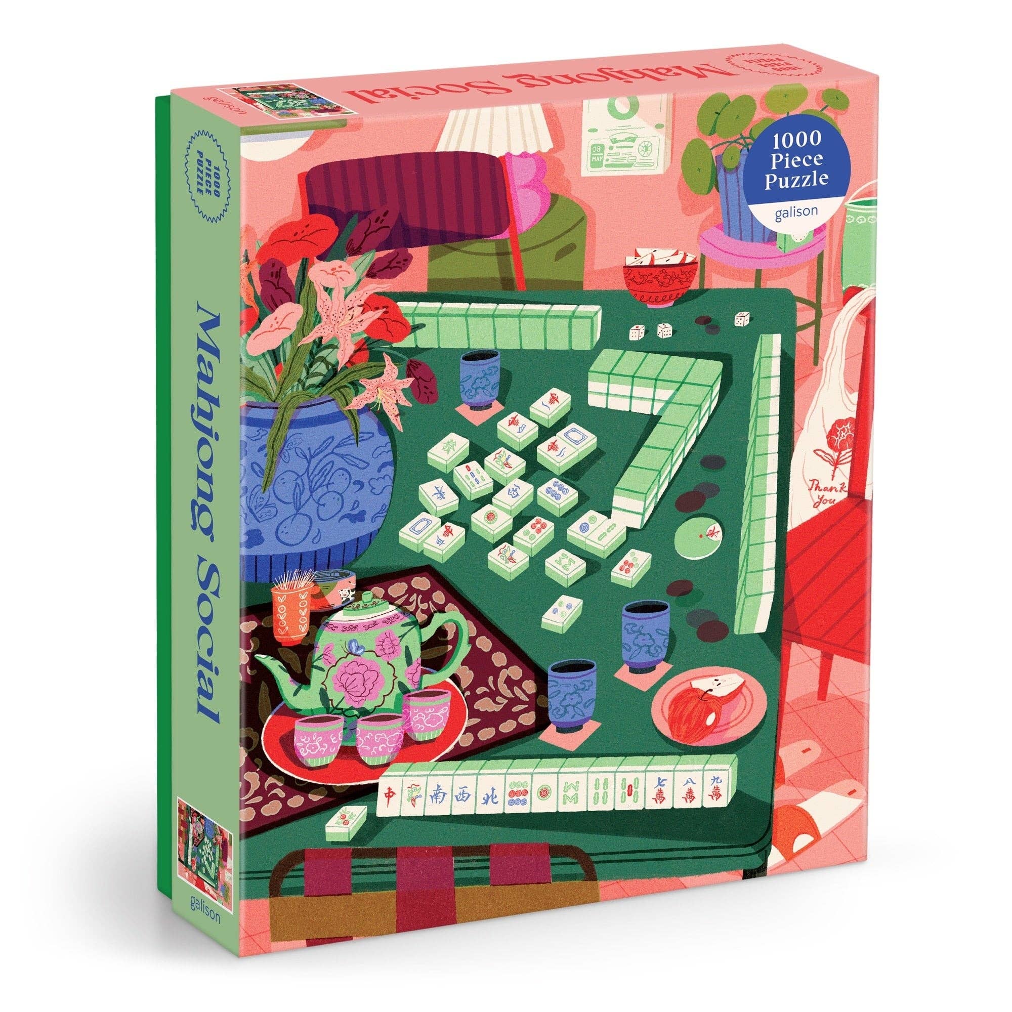 Mahjong Social 1000 Piece Puzzle by Paige Jung, featuring tea, flowers, and snacks on a colorful game table.