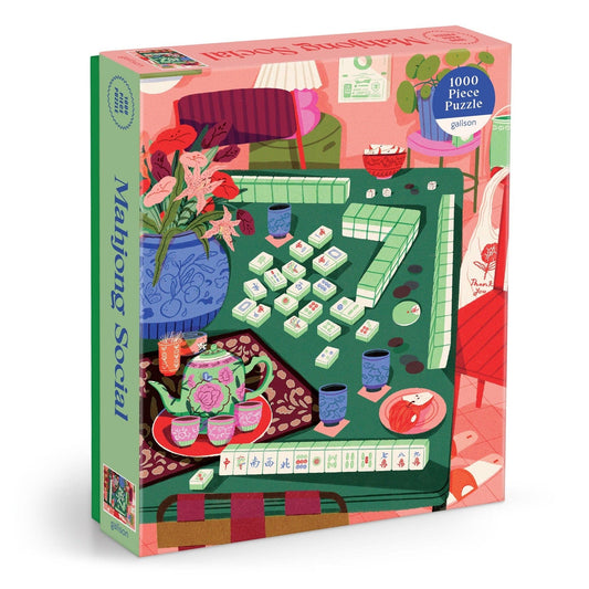 Mahjong Social 1000 Piece Puzzle by Paige Jung, featuring tea, flowers, and snacks on a colorful game table.