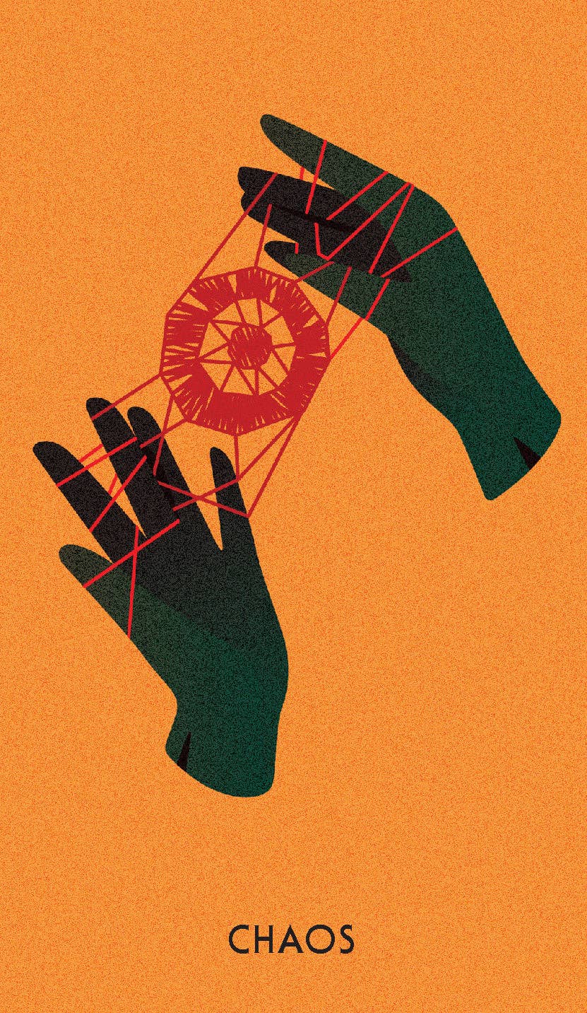 Murdle Oracle Deck held by two dark hands with tangled red string, word CHAOS below.