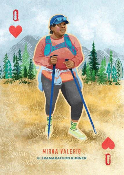 Queen of Hearts card from A Womans Place in the Wild deck, showing Mirna Valerio with trekking poles in a forest.