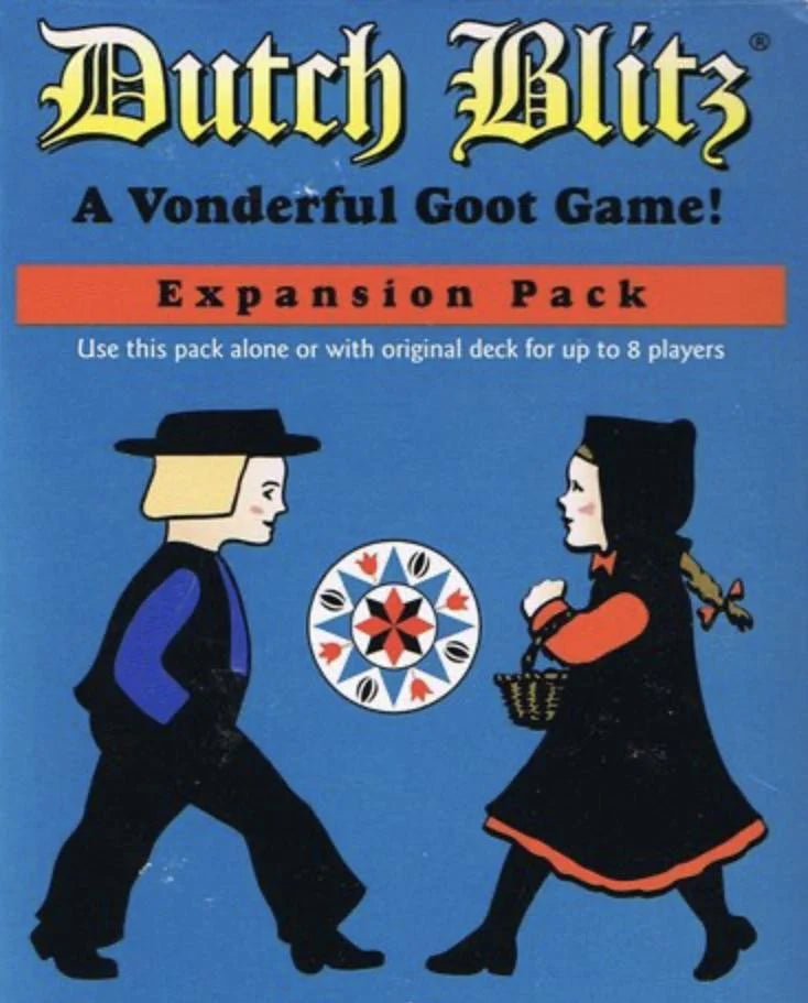 Dutch Blitz Expansion Pack for up to 8 players, boxed set with Dutch-clad boy and girl on the cover.