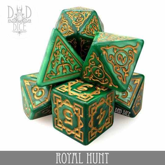 Royal Hunt 7-piece green and gold polyhedral dice set with DND Dice logo on the highest face.