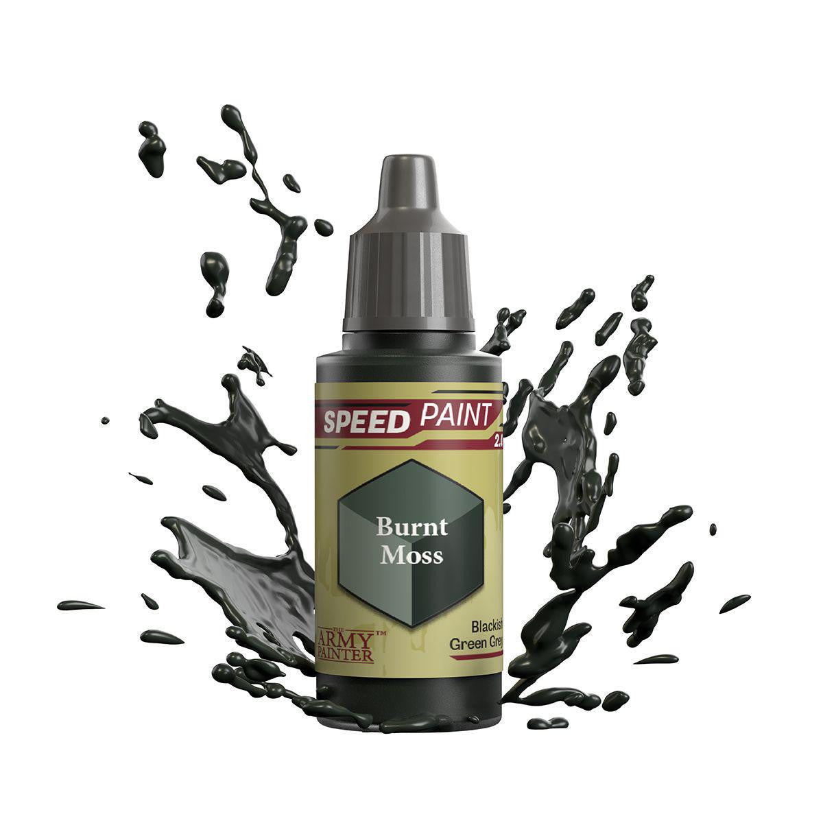 Army Painter Speedpaint Burnt Moss bottle with green paint splashes on a white background.